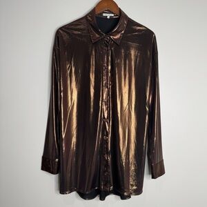 Remi x Revolve Metallic Bronze Longline Button Up Collared Shirt‎ Top Medium